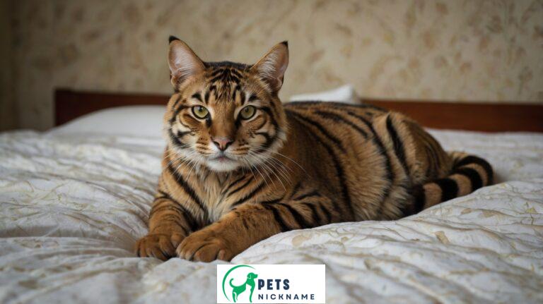 Tiger Cat perched on bed