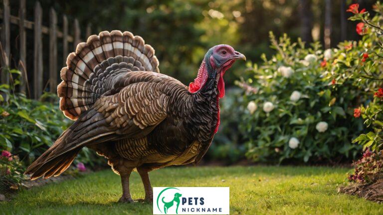 A lovely turkey is standing on a green lawn with flowers and plants in the background.