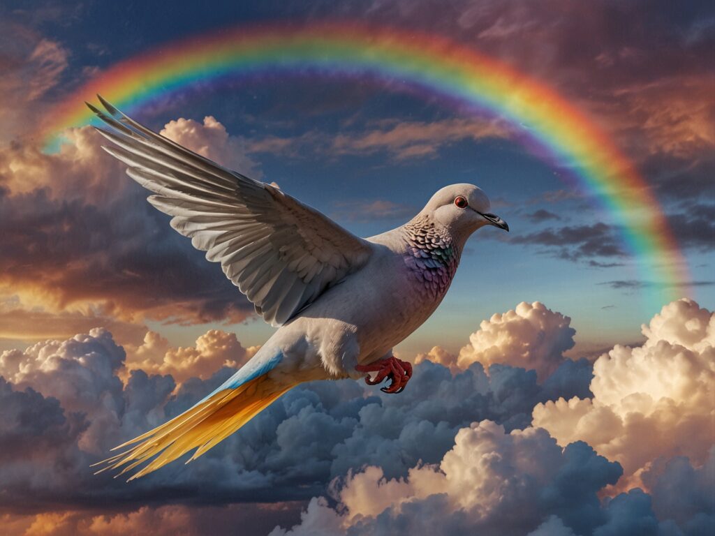 A beautiful dove flying above white clouds with a blue sky and a vibrant rainbow in the background,