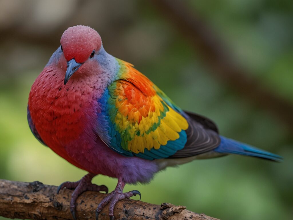 A vibrant-colored dove sitting on a tree branch peacefully