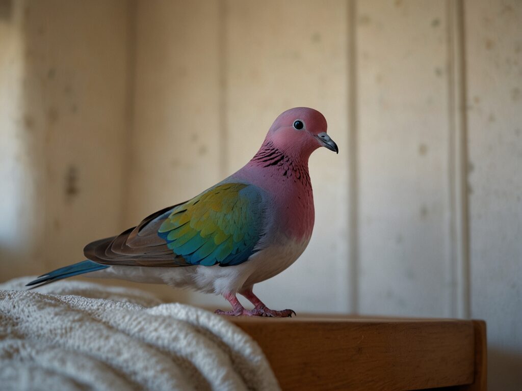 A vibrant colored dove sitting on wooden table near a bed in a room