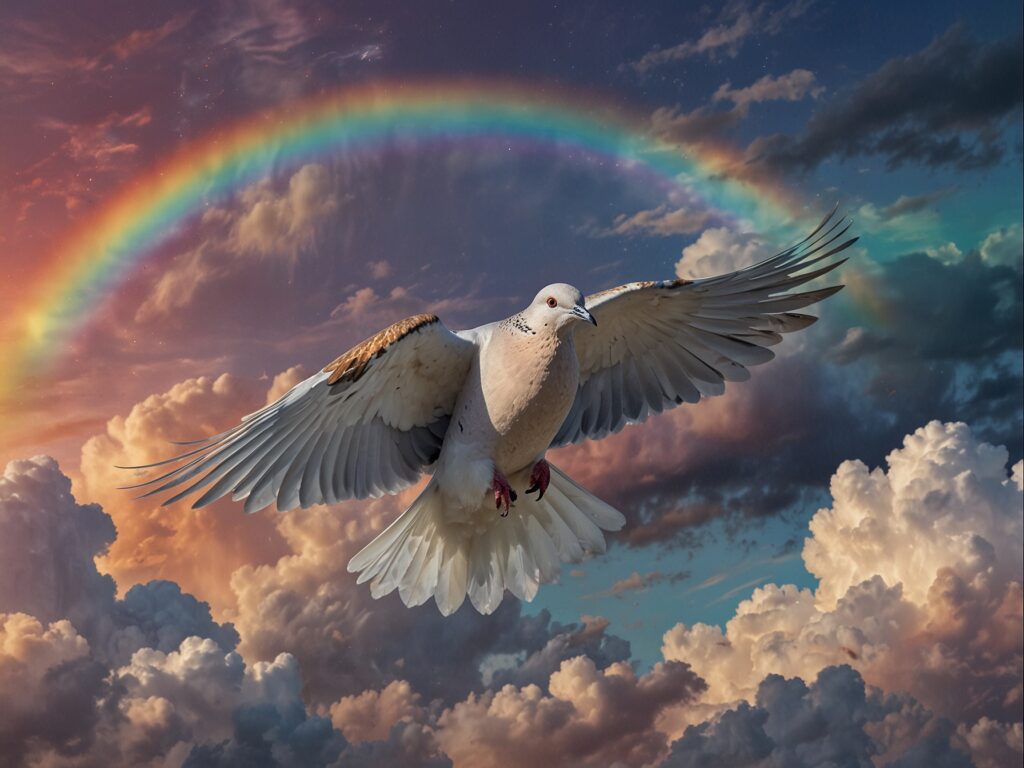 A majestic Dove flying in clouds with a rainbow and blue sky in the background.