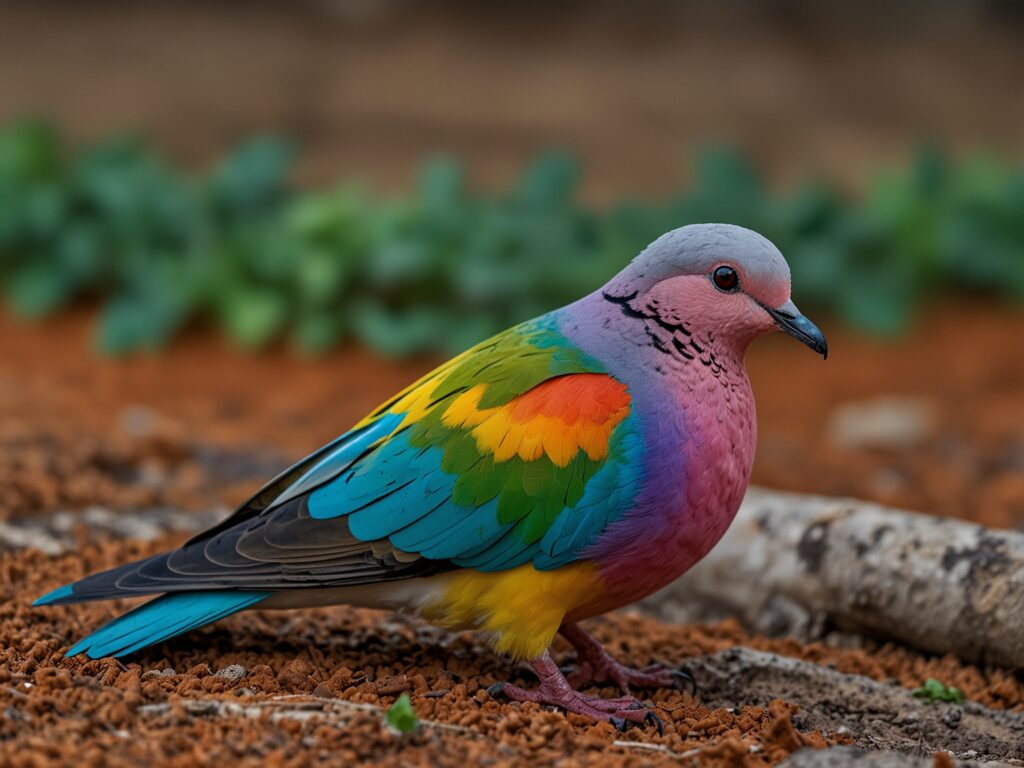 a colorful dove walking on ground enjoying the freedom