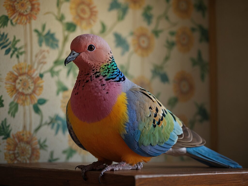 A close-up of a vibrant colored dove sitting on a wooden table in a room blending beauty and nature