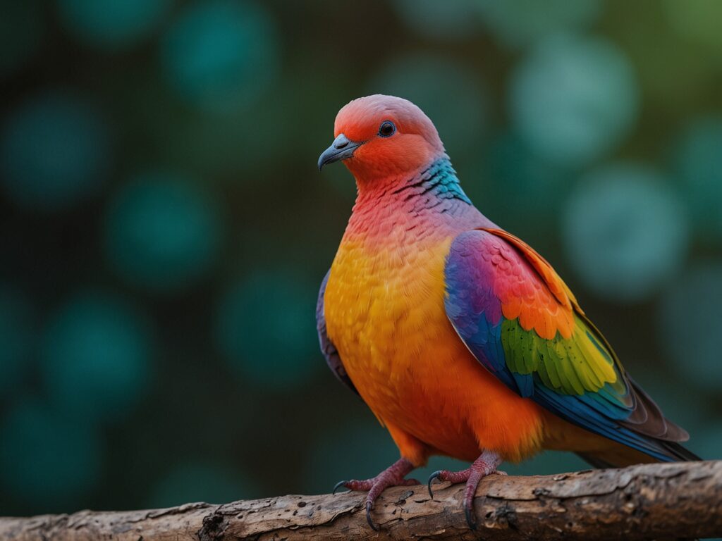 A vibrant-colored Dove sitting happily on a branch of the tree.