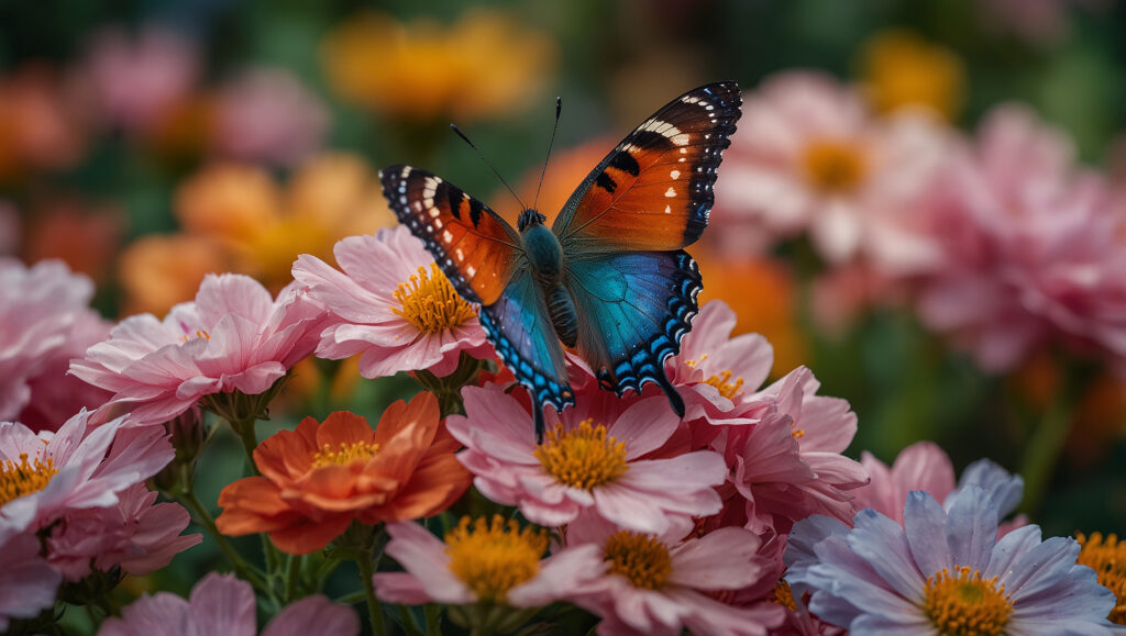 A vibrant colored butterfly sitting on pink roses