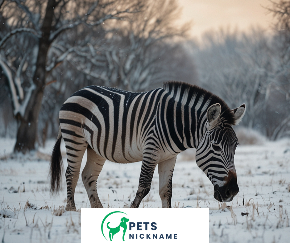 Zebra grazing in snow